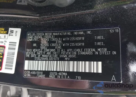 2020 Toyota Highlander Xle из США, поврежденный, VIN 5TDGZRAH9LS001078